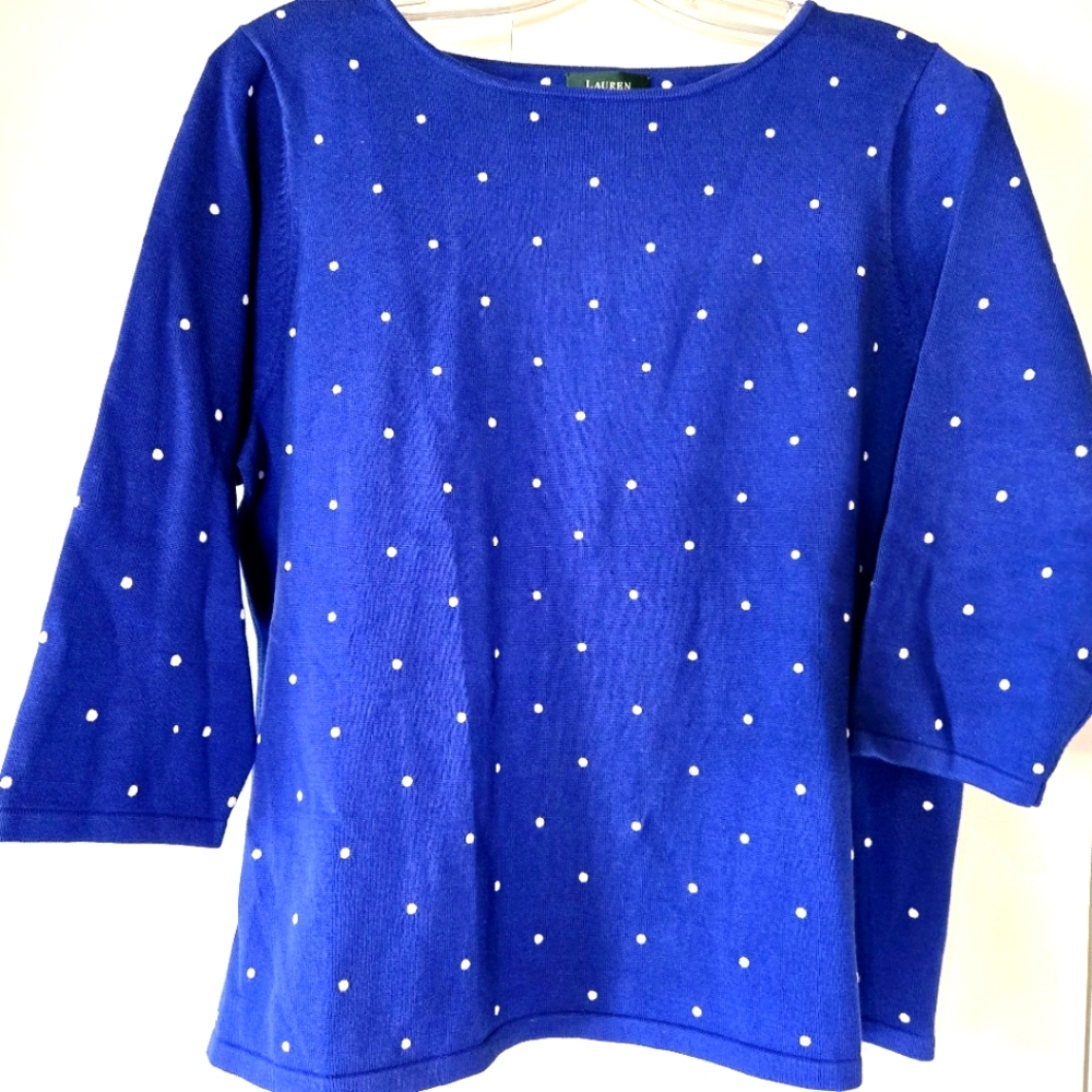 Lauren Ralph Lauren Blue and White Polka Dot 3/4 Sleeved Plus Size Sweater